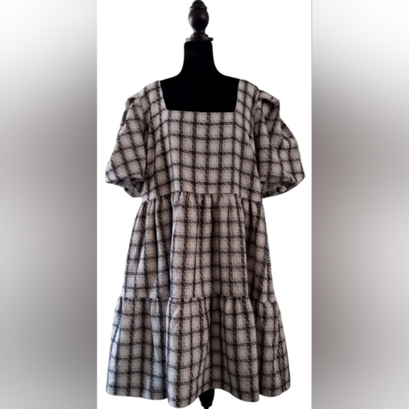 English Factory 2XL Cottage Plaid Gingham Tweed Puff Sleeve New - Picture 2 of 8